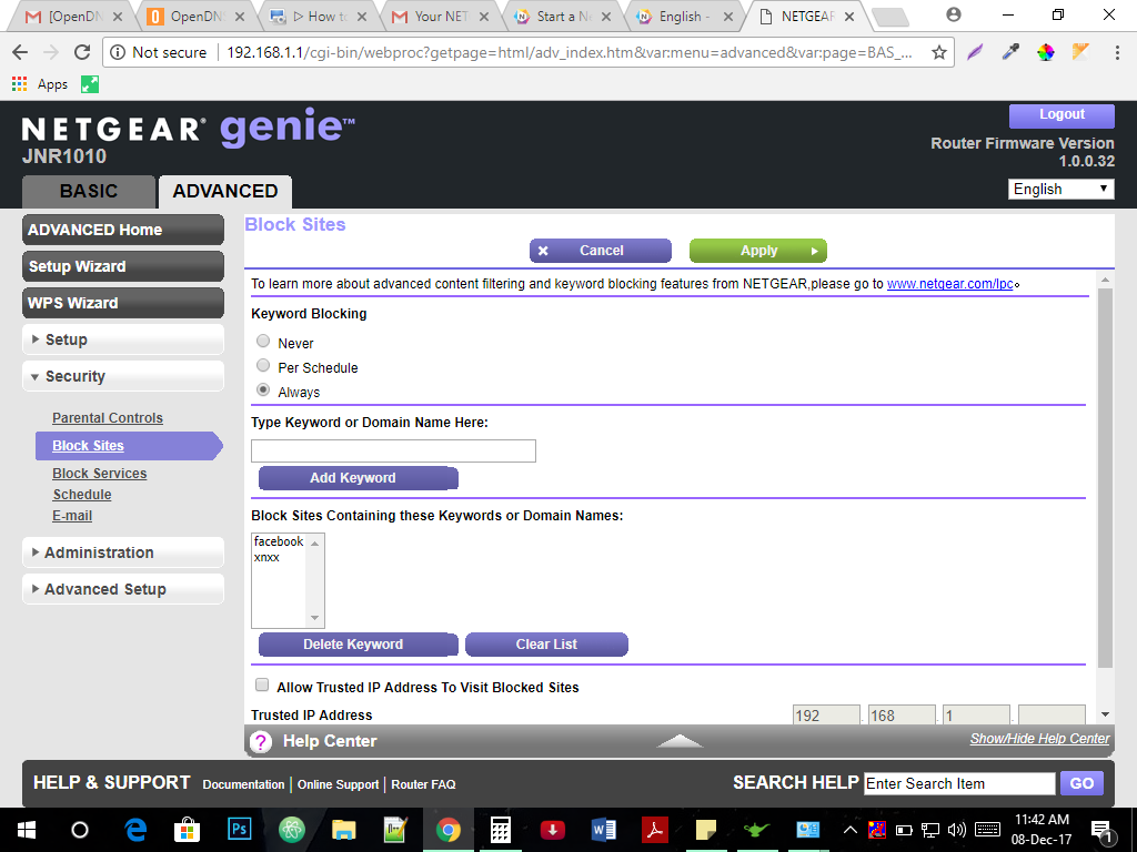 blocking sites in 192.168.1.1 is not working.(Mode... NETGEAR Communities